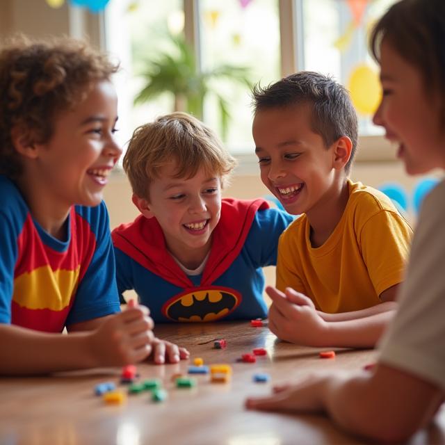 Animadores disfrazados de superhéroes con niños